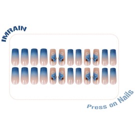 IMRAIN Blue Gradient Press on Nails Medium Square Fake Nails with Flower Designs Glitter Glossy False Nails Acrylic Nail Supplies Full Cover Glue on Nails for Women 24Pcs DIY Manicure