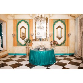 PartyDelight 108" Round Teal Sequin Tablecloth for Wedding, Party, Christmas Decorations