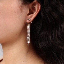 Cybche Vintage Rhinestones Tassel Earrings Long Crystal Chain Drop Earrings Hollow Circle Crystal Stud Earrings Gold Hoop CZ Tennis Chain Dangle Earrings Jewelry for Women