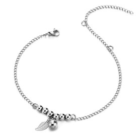 COOLSTEELANDBEYOND Stainless Steel Link Chain Women's Anklet with Bead Cord Dangling Leaf and Ball, Adjustable, Stainless steel, metal, Non-applicable