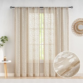 Jubilantex Beige Lace Sheer Curtains Embroidered Leaf Buds 95 Inches Long for Bedroom Textured Knitted Light Filtering Window Treatment Beige,52" W