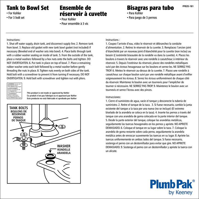 Keeney PP835-181 Tank to Bowl Bolt Set for Kohler