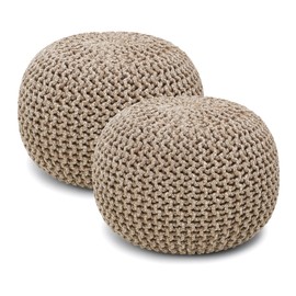 REDEARTH · Round Pouf Ottoman - Hand Knitted Cable Boho Poof Home Décor Pouffe Circular Footrest for Living Room - Nursery - Bedroom - Lounge 100% Cotton (19.5"x19.5"x14") - Beige Ivory, Set of 2
