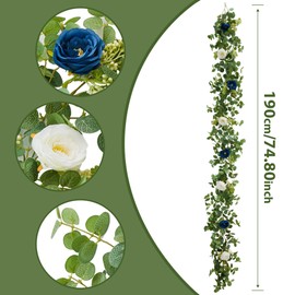 PARTY JOY 2pcs 6.56ft Eucalyptus Garland with Flowers-8 Blue White Roses, Artificial Fake Flowers Greenery Garland Floral Vines for Decoration Party Wedding Table Indoor Outdoor Backdrop Wall Decor
