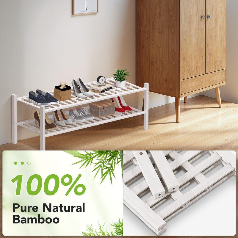 Haddockway Long 2 Tier Bamboo Shoe Rack Storage Organizer, Multifunctional