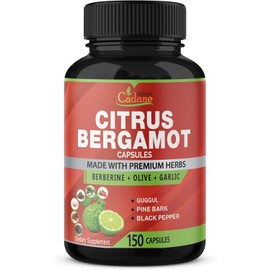 Organic Cadane Citrus Bergamot Supplement Capsules with Berberine, Olive, Guggul, Garlic, Pine Bark, Black Pepper - 150 Caps for 5 Months Supply