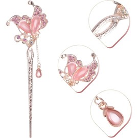Rhinestone Hair Stick Retro Butterfly Hair Stick with Tassel Hairpin Chignon Pin for Women Girls (Pink, One Size)