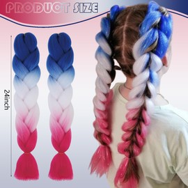 Colored Jumbo Braiding Hair Extension for Women 24" Synthetic High Temperature Ombre Jumbo Braiding Hair Pre stretched Fiber Hair Twist Crochet Braids (Blue White Red)