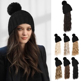 Flufymooz Beanie Wig, Hat Hair Extension Long Wavy Curly Black Hat Wig with Faux Fur Pom Hat, wig hat Attached 20 Inch Synthetic Hairpiece for Women Girls Winter (Black Brown)