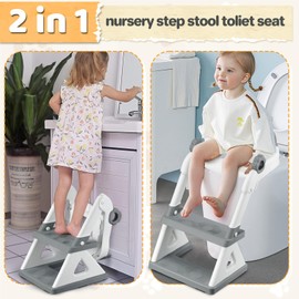 2 In 1 Potty Training Toilet Seat & Toddler Step Stool, Bottom Triangle Stability Toddler Toilet Seat, Adjustable Step & Seat Height Potty Seats (Grey)