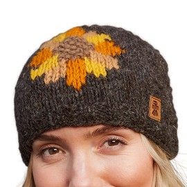 Pachamama Women Wool Beanie Hat Fleece Lined Handknitted Sunflower Design Bark One Size Handmade Extra Warm Fair Trade