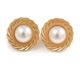 25mm Gold Tone Matt Faux Pearl Bead Round Retro Clip On Earrings