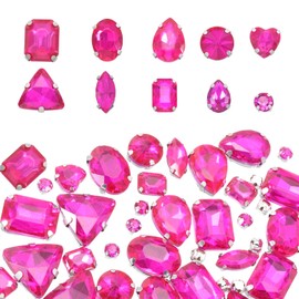 sourcing map 100Pcs Sew on Rhinestones, 7-18mm Mixed Shapes Flatback Glass Crystal Sewing Gems with Silver Claw Prong Setting for Crafts Clothing Shoes Accessories, Rose Red(Style 1)
