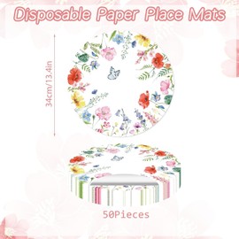 Pack of 50 Poppy Flowers Paper Place Mats Round Paper Place Mats Spring Flower Butterfly Disposable Place Mats Round 34 cm Seasonal Decor for Table, Kitchen, Dining Table, Holiday, Party