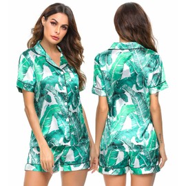 LecGee Womens Silk Satin Pajamas Set Short Sleeve Sleepwear Button Down Nightwear Soft Pj Lounge Sets