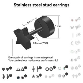18 Pairs Stainless Steel Stud Earrings Set for Women Men Star Moon Leaf Pearl Studs 20g Flatback Earrings Hypoallergenic Tiny Cartilage Flatback Earrings (Black and Silver)