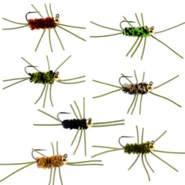 The Fly Fishing Place Tungsten Bead Jigged Pat's Rubber Legs Nymph Assortment Fly Fishing Flies - Trout and Bass Wet Fly Pattern - 7 Colors Hook Size 10