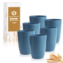 BUSOKIP Premium Wheat Straw Cups Drinking Glasses Set of 6 Alternative to Plastic Cups Reusable Unbreakable Water Tumblers 12 OZ Microwave and Dishwasher Safe Cup for Kitchen - Blue