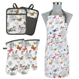 Alselo Oven Mitts and Pot Holders with Chaf Apron,set of 5 Heat Resistant Kitchen Gloves and Silicone Non-Slip Potholders Adjustable Neck Buckle Apron, Cotton Nice Design for Cooking (Butterfly)