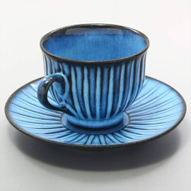 Hama Pottery Hasami Ware 391262 Risa Emon Kiln Blue Carving Cup & Saucer, 6.1 fl oz (180 ml)