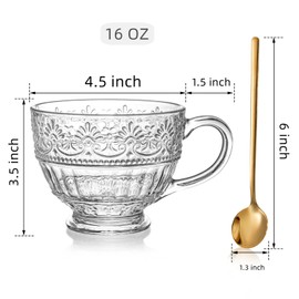 AVLA 4 Pack Glass Coffee Mugs, 16 OZ Clear Tea Cups with Handle and Spoons, Crystal Drinking Glassware for Latte, Cappuccino, Americano, Juice, Hot Beverage, Water, Dishwasher & Microwave Safe