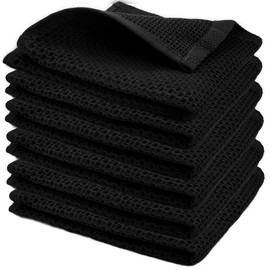 Yuhan Pretty Kitchen Towels Dish Cloths Set 100% Cotton Waffle Weave Super Absorbent Quick Drying Soft Kitchen Dish Towels 12x12 Inches 6 Pack(Black)