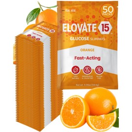 Elovate 15 Fast-Acting Glucose Packets - Quick Dissolving, Gluten-Free 15g of Glucose Powder for Sugar & Energy Dips - Oral Dextrose Powder for Kids & Adults, 50 Slimpaks, Orange