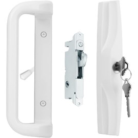 House Guard White Patio Door Handle Set with Cylinder Lock, Sliding Glass Door Replacement (3-15/16” Screw Hole Spacing)