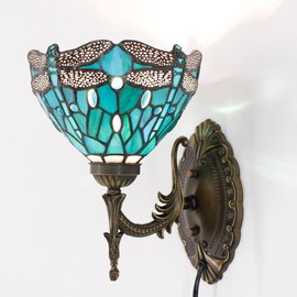 WXCFCD Tiffany Wall Sconce Lamp Blue Stained Glass Flower Style 8X10.5X11 Inch Plug in Wall Bedside Light for Hallway Bedroom (Green Blue Dragonfly Style)