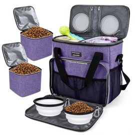 BAGLHER Dog Travel Bag, Pet Travel Bag (ALL Pet Travel Supplies), With 2 Pet Food Containers and 2 Collapsible Silicone Bowls; Essential Kits for Pet Travel Purple