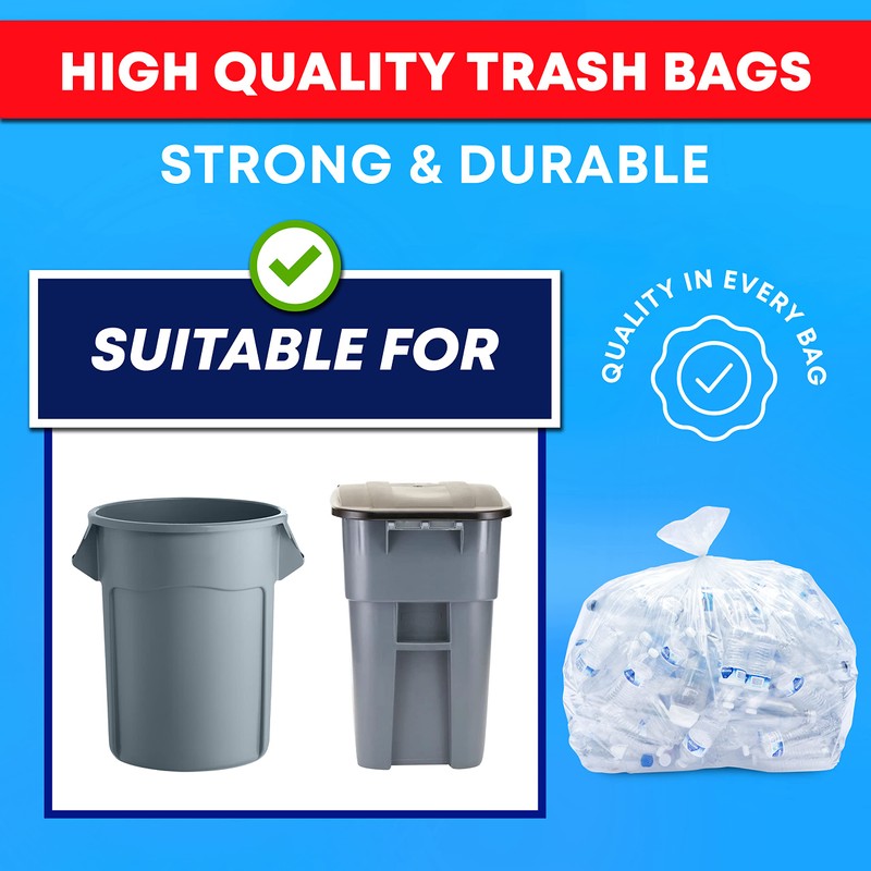 55 Gallon Clear Trash Bags, (50 Bags w/Ties) Large Clear