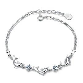 Women Sterling Silver Bracelet Dolphin Link Cubic Zirconia Crystal Gift Box AC