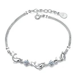Women Sterling Silver Bracelet Dolphin Link Cubic Zirconia Crystal Gift Box AC