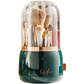 Bingobang Makeup Organiser Brush Holder 360 Rotating with Dustproof Lid, Spinning Cosmetic Organizer Acrylic, Storage for Lipstick, Lip Gloss, Eyeliner, Bedroom, Bathroom (Dark Green)