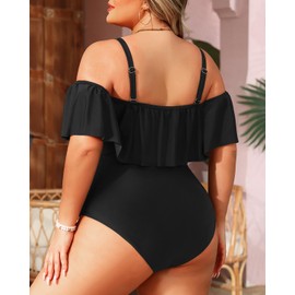 Daci Women Plus Size One Piece Swimsuits Tummy Control Ruffle Off Shoulder Bathing Suits, Black, 22 Plus