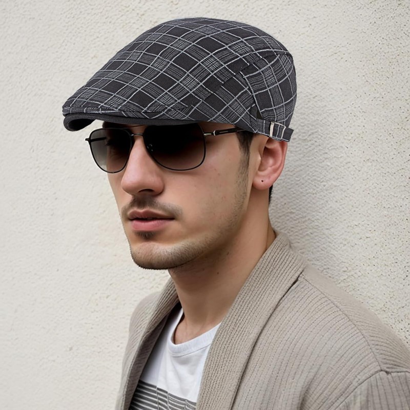 Rayson Flat Cap Men's Beret Cap Checked Adjustable Beret Hat