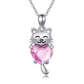 JUSTKIDSTOY Sterling Silver Cute Animal Pendant Necklace with Crystal Cat Pendant - Women's Cat Lovers Jewelry Gift, N, Sterling Silver, 925 sterling silver