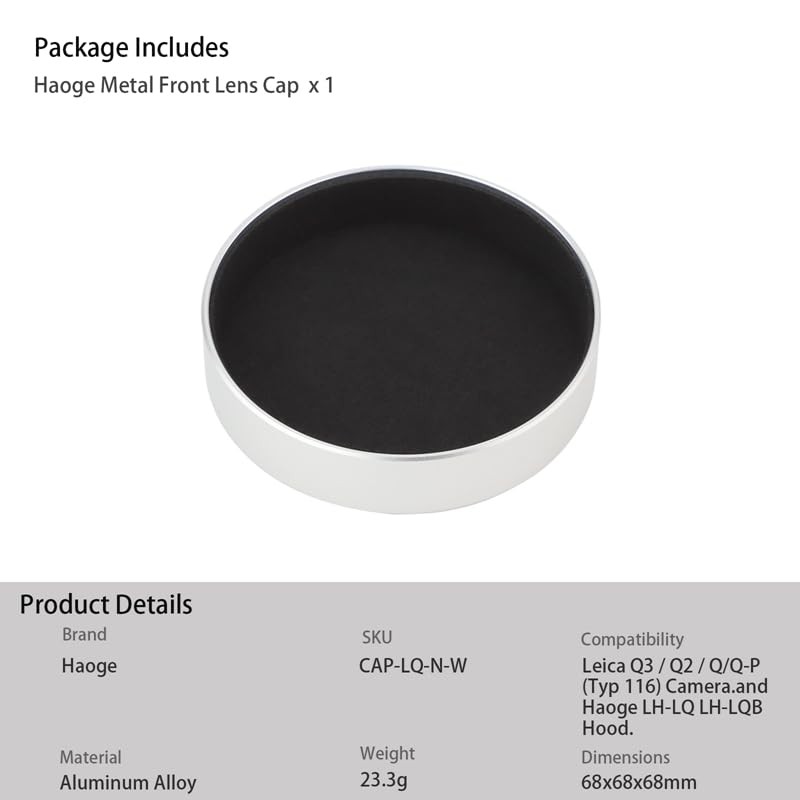 Haoge Metal Front Lens Cap for Leica Q3 Q3-43 Q2