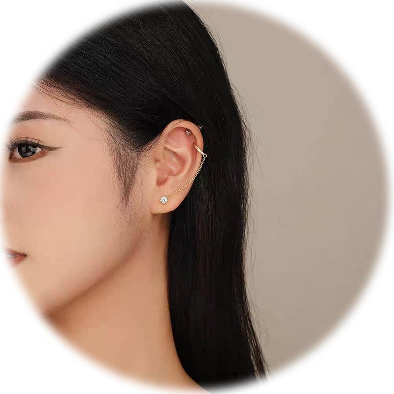 14K Gold Chain Earrings for Women,Double Perforated Suspension Chain Hoop