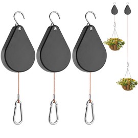 WROSWT Upgraded Retractable Plant Hanger,Plant Pulleys for Hanging Plants,Easy to Raise and Lower,Auto Lock,Heavy Duty, Adjustable Hook for Garden Baskets Pots,Birds Feeder,(3Pcs,Black) | WROSWT