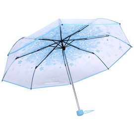 36 Inch Transparent Clear Folding Umbrella with Cherry Blossom for Wind and Heavy Rain (Blue)