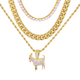 Techno Pave Men's Iced-Out Hip Hop Inspired 3-Piece Necklace Set - Gold Finish, Goat Pendant