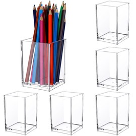 6 Pcs Acrylic Pen Holder Acrylic Pen Pot, Pen Pencil Holder Square Acrylic Pencil Organizer Transparent Pen Cup Clear Makeup Brush Holder Pencil Storage Basket for School Home, Office Desk Accessory