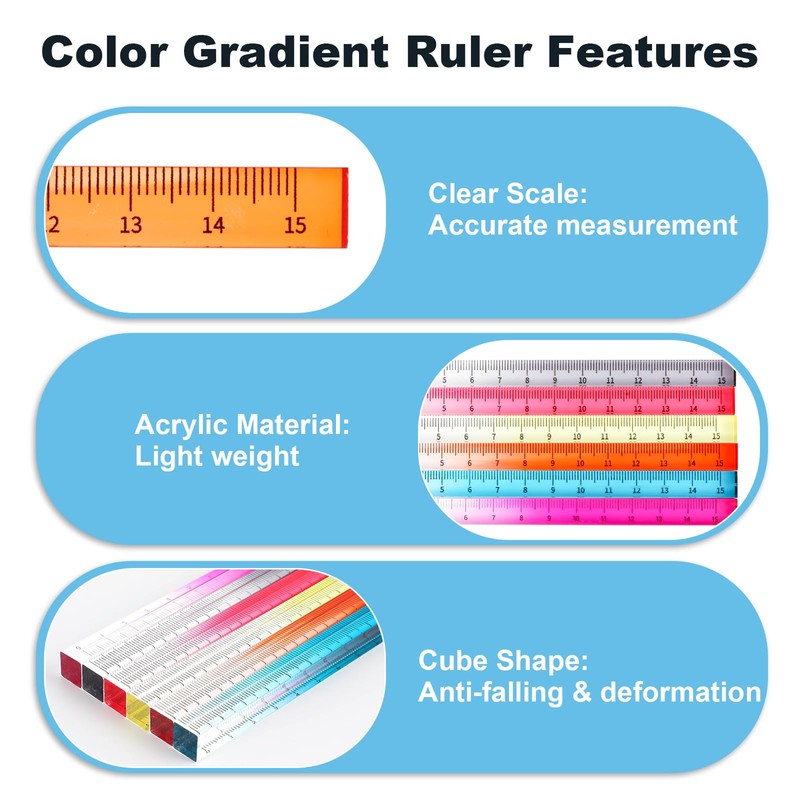 Andibro 6 Pieces Colourful Transparent Ruler, Cube Acrylic Ruler Set,