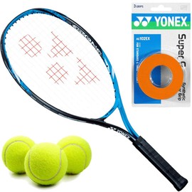 Yonex EZONE Bright Blue 21 Inch Junior Tennis Racquet Starter Set or Kit for Boys Bundled with a 3-Pack of Orange Super GRAP Overgrips and a Can of Tennis Balls
