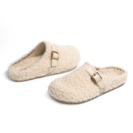 PepStep Womens Suede or Fur Clog Mules - Low Platform Slip On Closed Toe Arch Support Cork Slide Slippers for Ladies(10,Cream Fur)