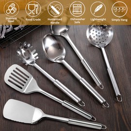 6 PCS Stainless Steel Kitchen Utensils Set - Metal Cooking Utensils Set for Cooking, Heat Resistant Spatula Set Kitchen Tool Set with Turners, Serving Spoon, Ladle, Skimmer, Pasta Server