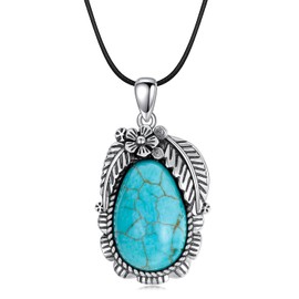 DOLIOX Turquoise Pendant Necklace,3mm Braided Leather Chain Boho Genuine Gemstones Western Turquoise Jewelry for Women