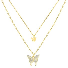 Butterfly Pendant Necklace, Gold Shiny Double Layered Butterfly Necklace Friendship Good Luck Dainty Butterfly Necklace for Women Girl Gift