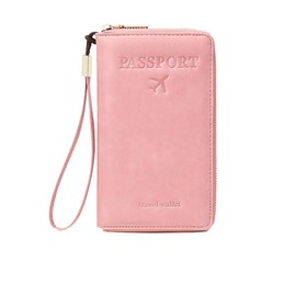 Passport Holder Wallet, RFID Blocking Travel Document Organizer Clutch Bag Credit Cards Case Cover for Women Men (Pink)